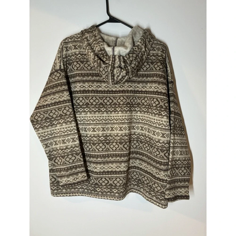 Lauren Ralph Lauren Active Fair Isle Fleece Hoodie Brown Cream Plus Size 1X